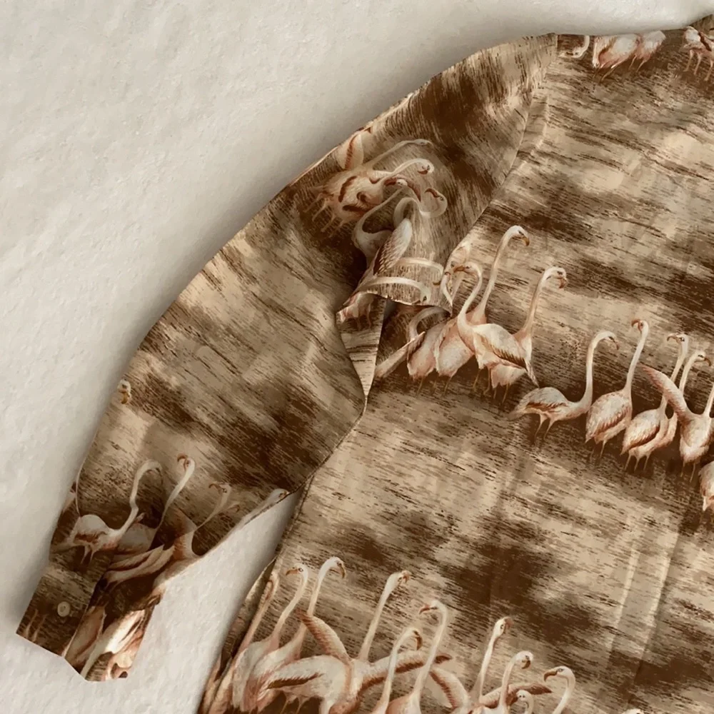 {VTG} Alex Colman Sportswear | 70s Flamingo Print Lightweight LS Pullover Blouse - Picture 12 of 16